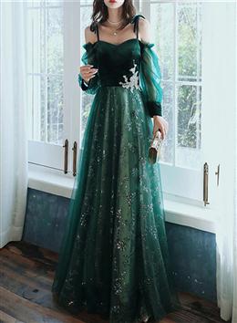 Picture of Dark Green Tulle Stunning Sequin Spaghetti Straps Formal Dresses, Green Party Dresses